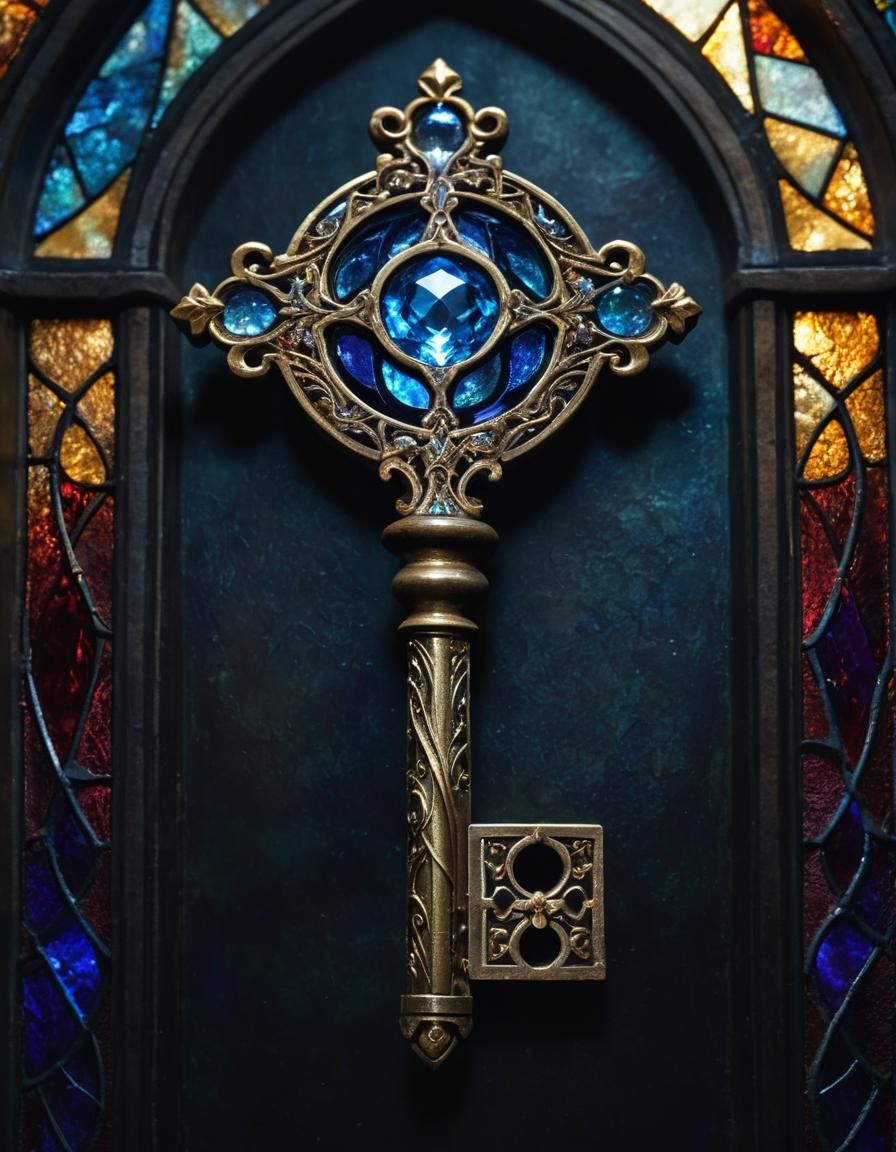 Crystallized Key with Magical Energy, Dark Fantasy Art