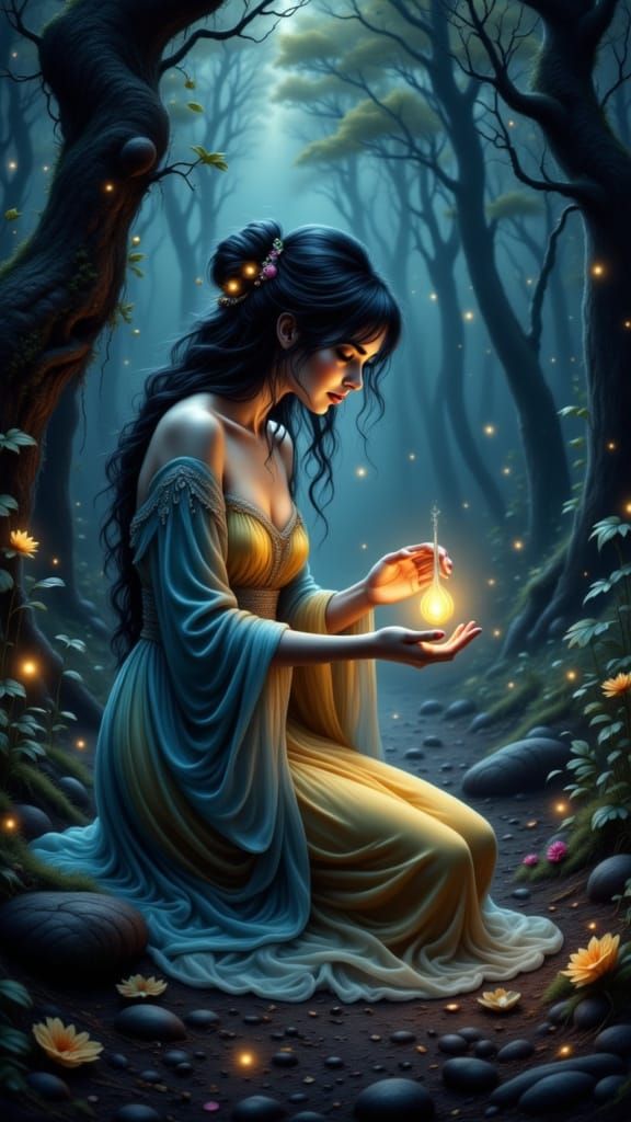 Majestic Woman in Enchanted Forest with Luminous Flower