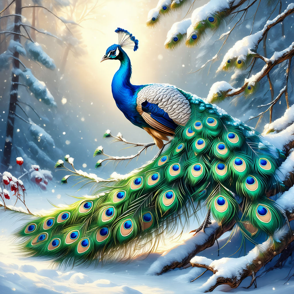 Blue peacock on a snowy day