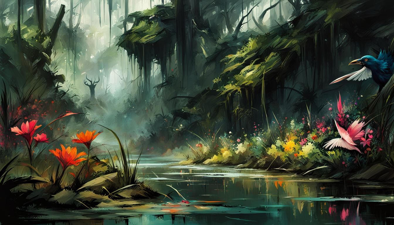 Jungle landscape with swamps and birds, flowers