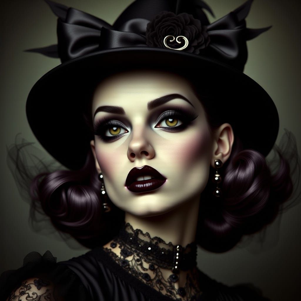  <lora:Midnight Retro V2:1.0> portrait, gothpunk retro 1950’s witch with deep burgundy lips and dark green eyes, chiaroscuro light 