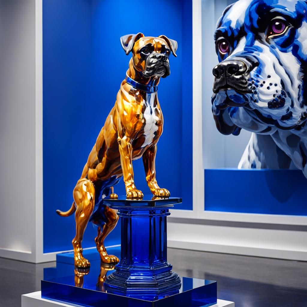 Super boxer dog stands on a pedestal from colour cobalt blue
