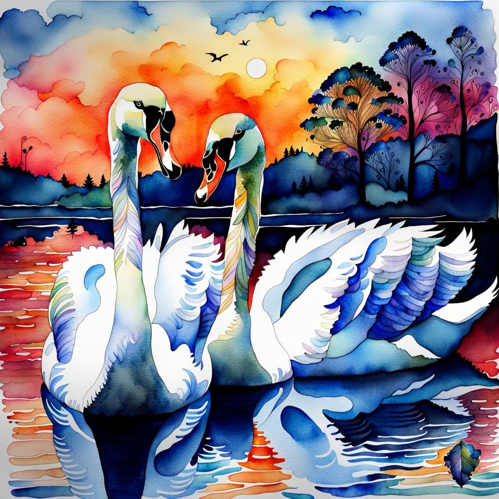 Swans watercolor zentangle