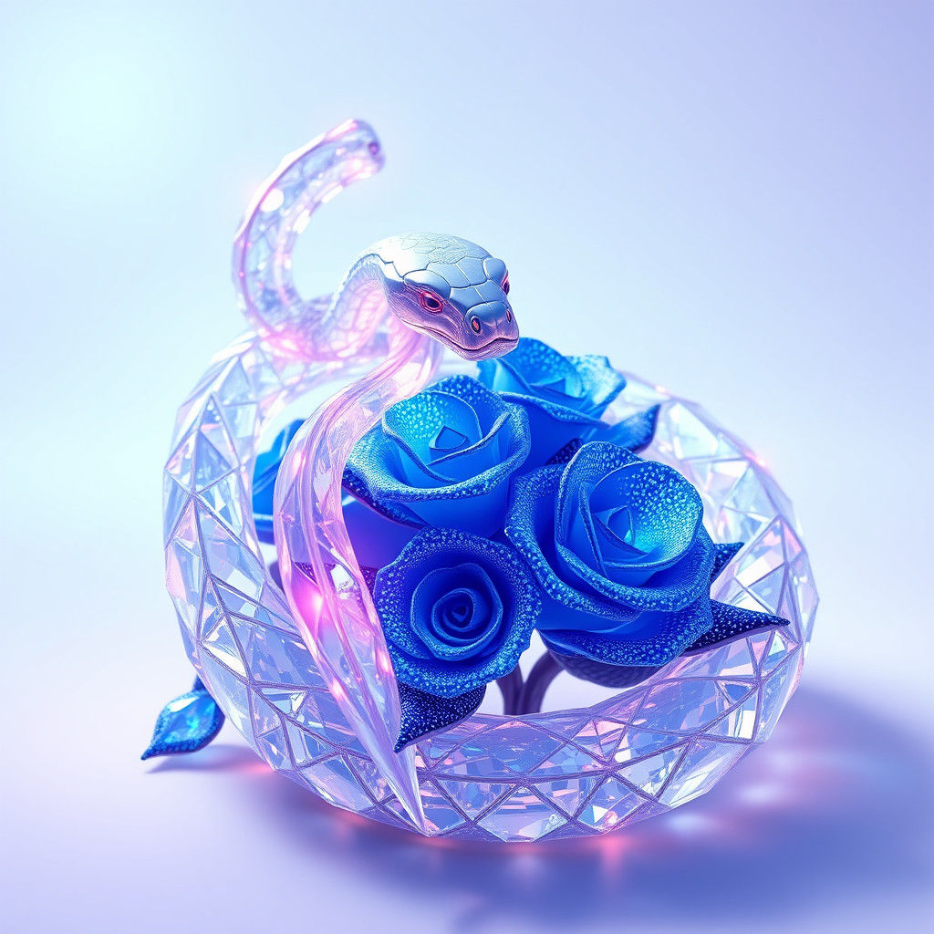 "A Crystal Snake Near Blue Glittering Roses"