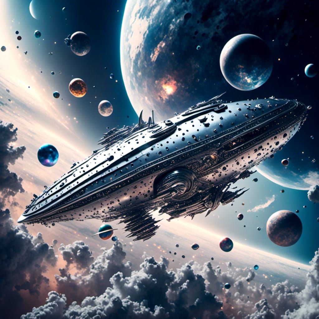 <lora:Spacescapes:1.0> Sleek silver metallic space ship flying among planets, stars and galaxies, detailed, cinematic, epic, beautiful space...
