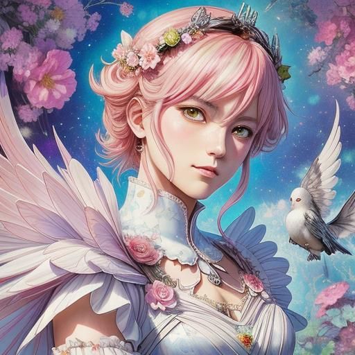 (Masterpiece) highest quality highly detailed beautiful anime girl with white hair, wolf ears, glittery green eyes, kawaii white wolf, colou...