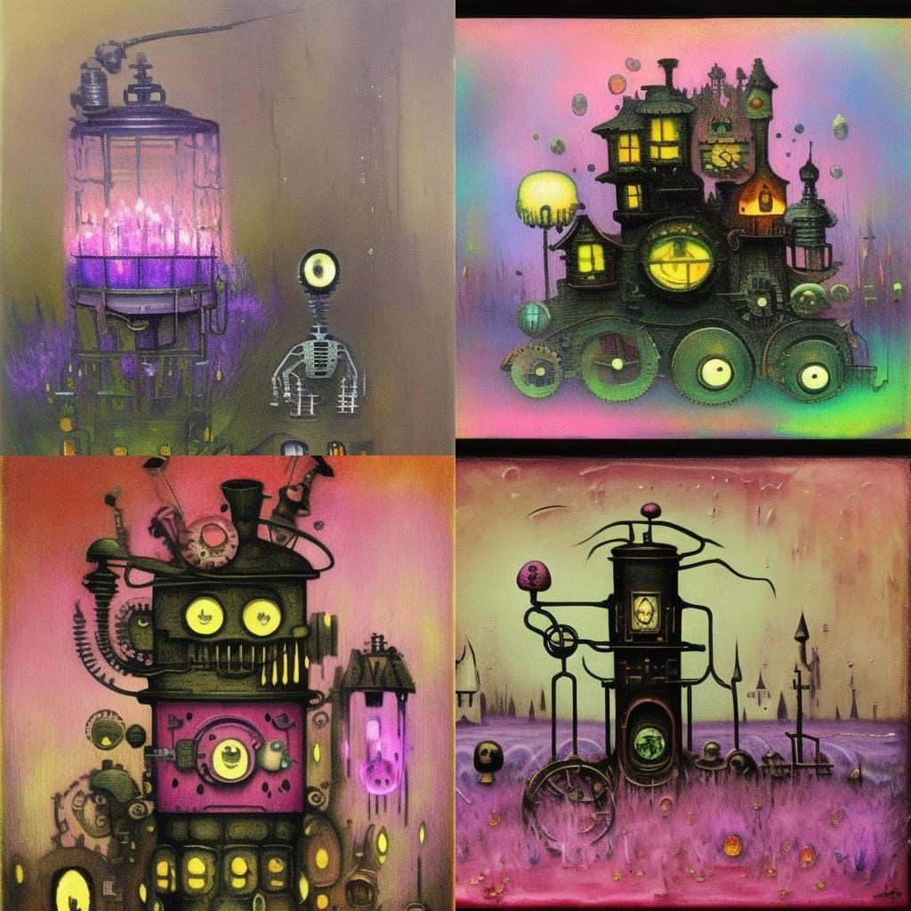 Steampunk Pale pink Cute Robot baking a mushroom. Crystal De...