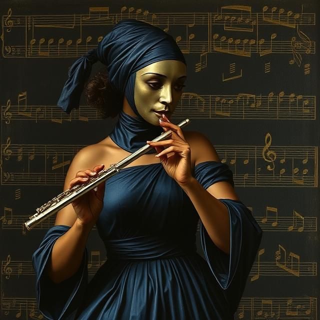 BLACK WOMAN IN A VENETIAN MASK DRESSED IN A NAVY BLUE EVENIN...