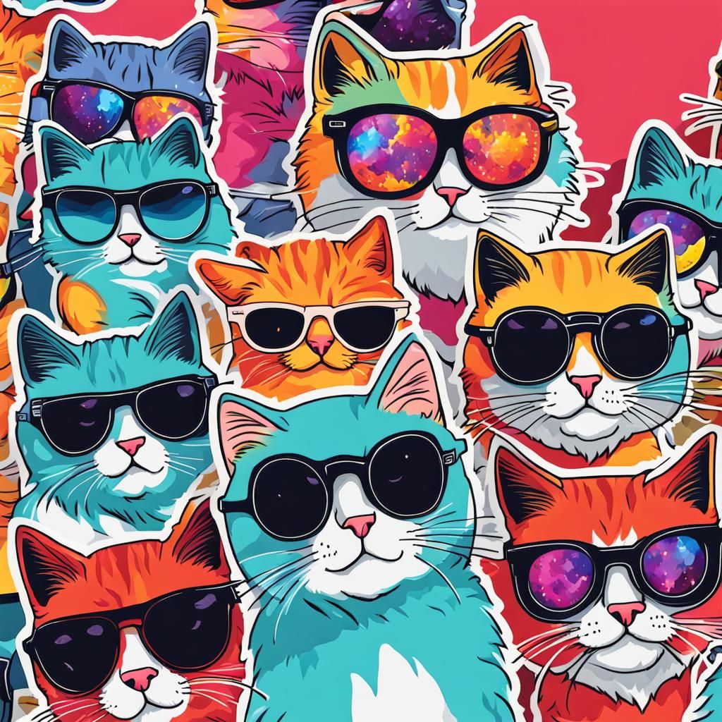 cats wearing sunglasses, sticker, Super bright color, illust...