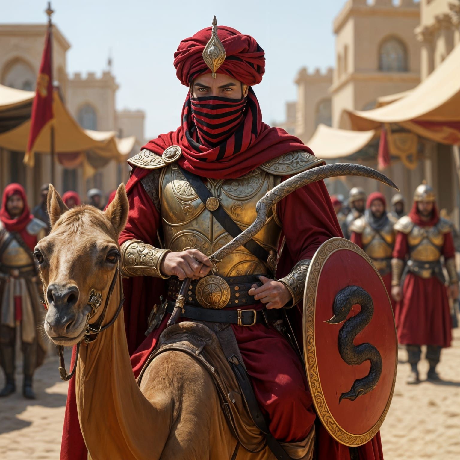  A Crimson clad warrior of the Serpent Lord of the Haradrim empire,resplendent in a long red tunic,with a red black striped scarf covering h...