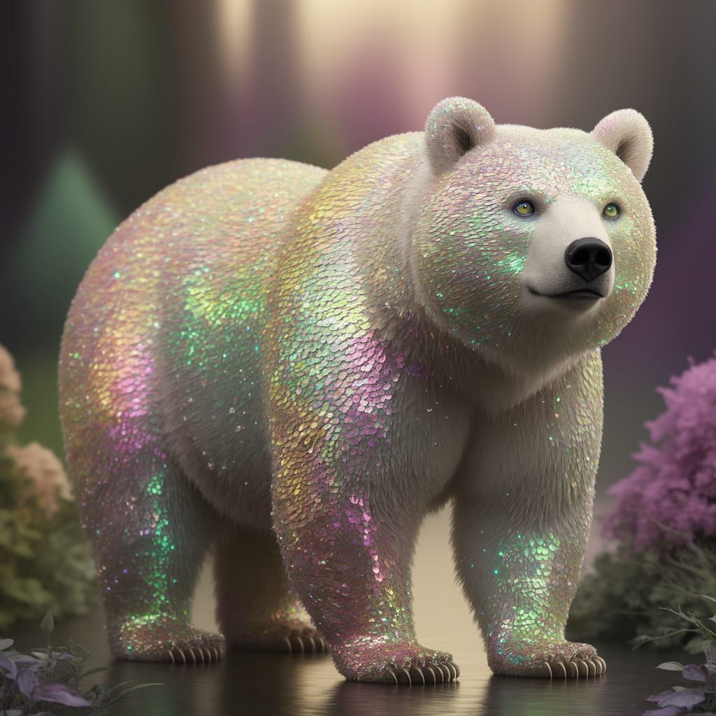 Majestic Iridescent Bear in a Glittering Forest