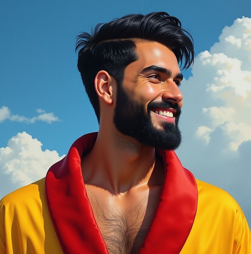 A handsome joyous proud bearded man