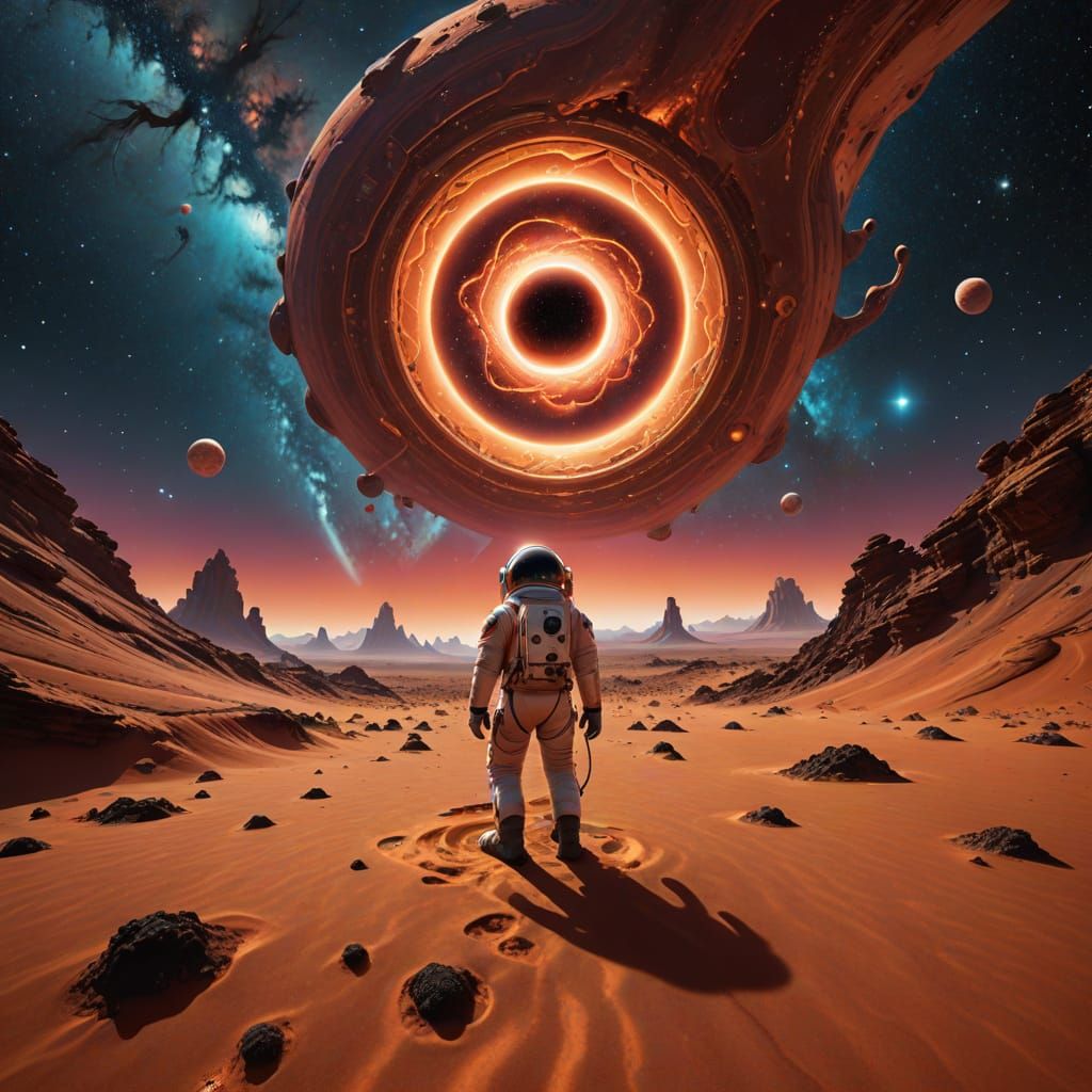 Photograph. Wide shot.A lone astronaut on a desolate, red-sand planet discovers a shiny and shimmering, liquid portal suspended in mid-air. ...