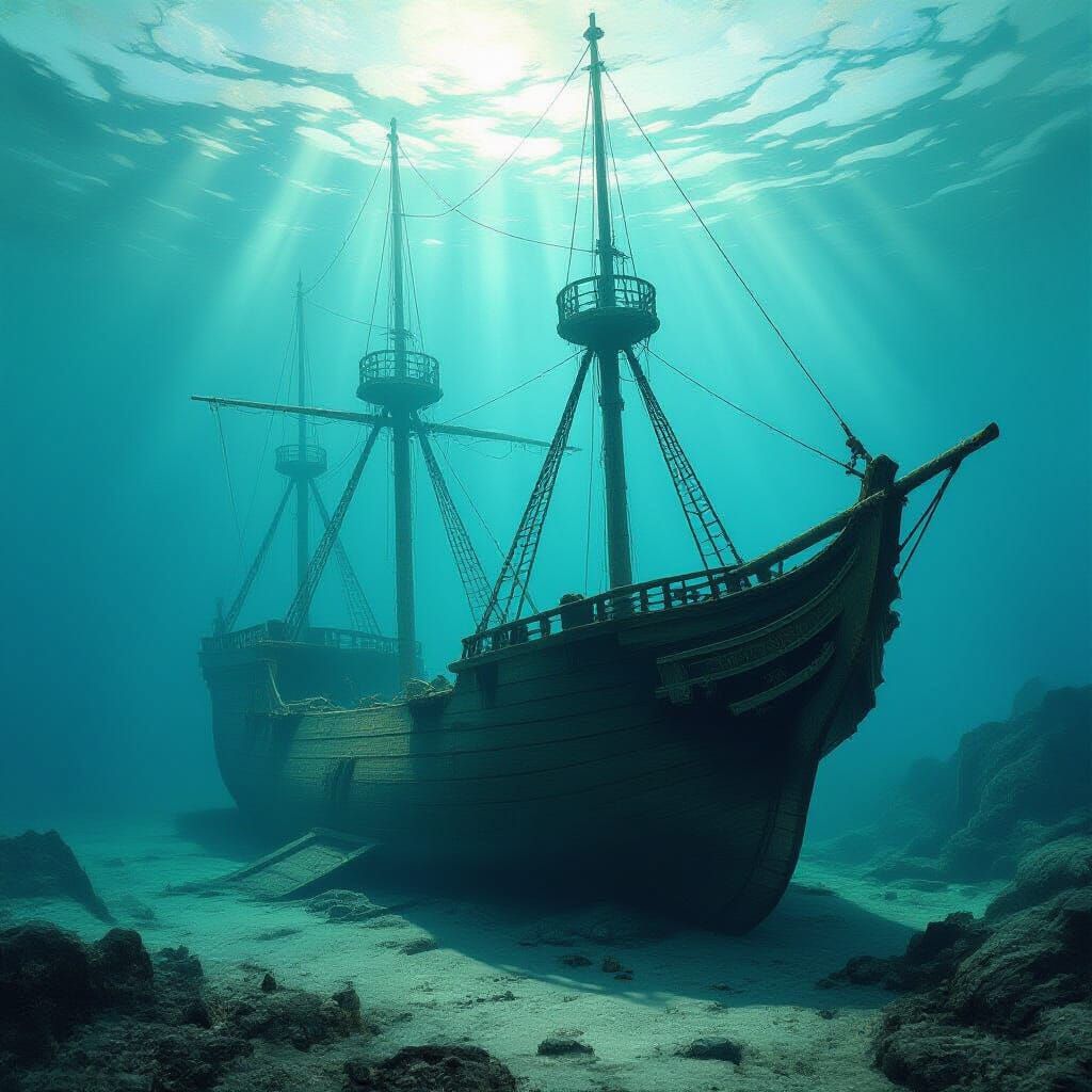 Ancient Shipwreck on Calm Sea in Ethereal Light