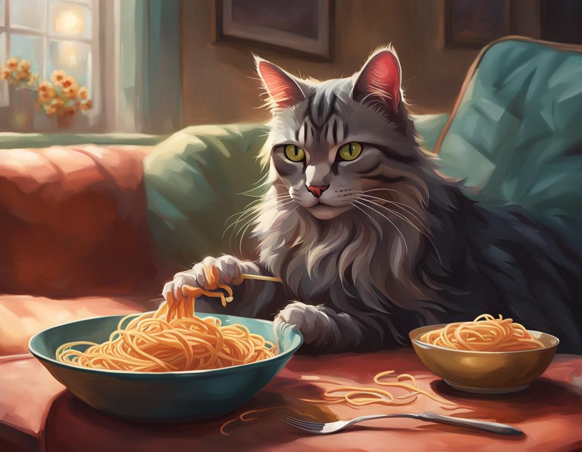 a cat,sitting on a couch, eating spaghetti and watching TV. ...