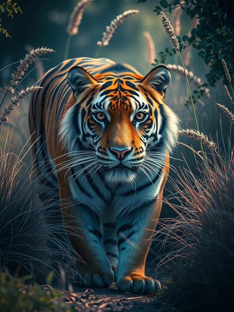 Photo realism with hyper realistic color. A majestic tiger hunting while blending into nature environment ...  by @Showy