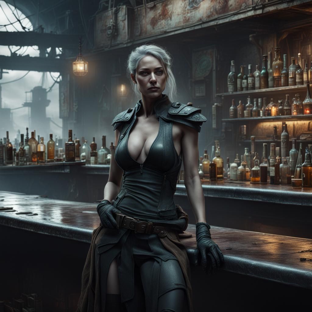 Woman in a post-apocalyptic bar
