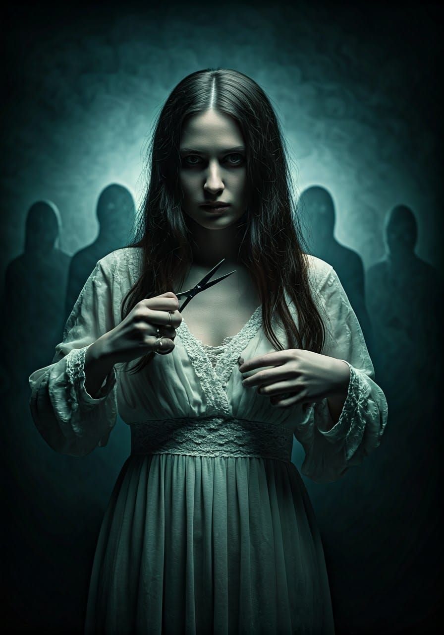 Ethereal Woman Grasping Scissors in a Dark, Surreal Landscap...