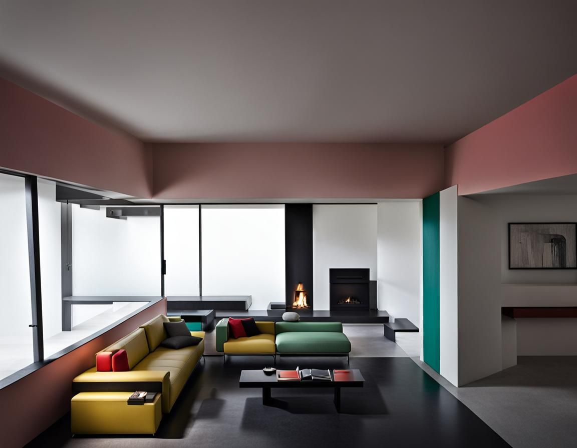 Imagina una sala de estar diseñada por el arquitecto Le Corb...