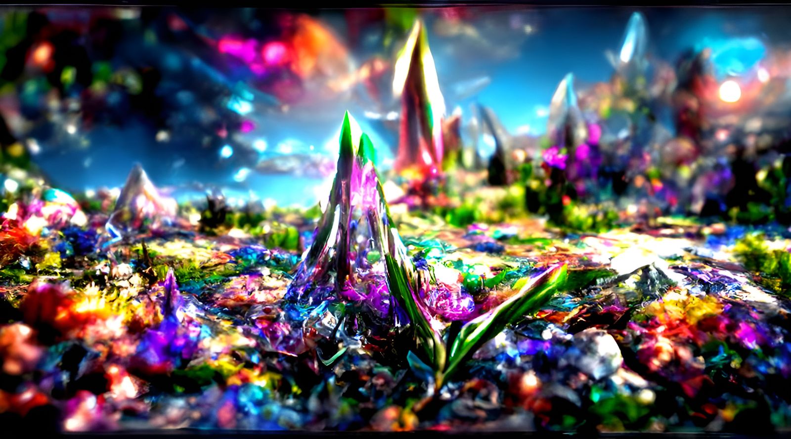 Dream colored blooming crystal landscape 8k resolution concept art colorful complex entangled intricate iridescent galac...