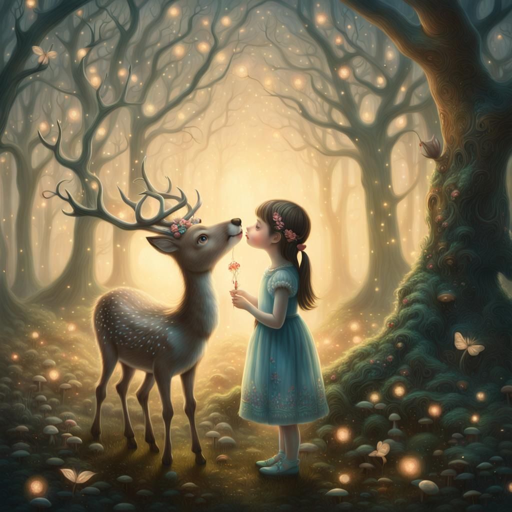  Surrealist little girl kissing a little reindeer, conceptual art  by @GRAZYNA-BARBARA