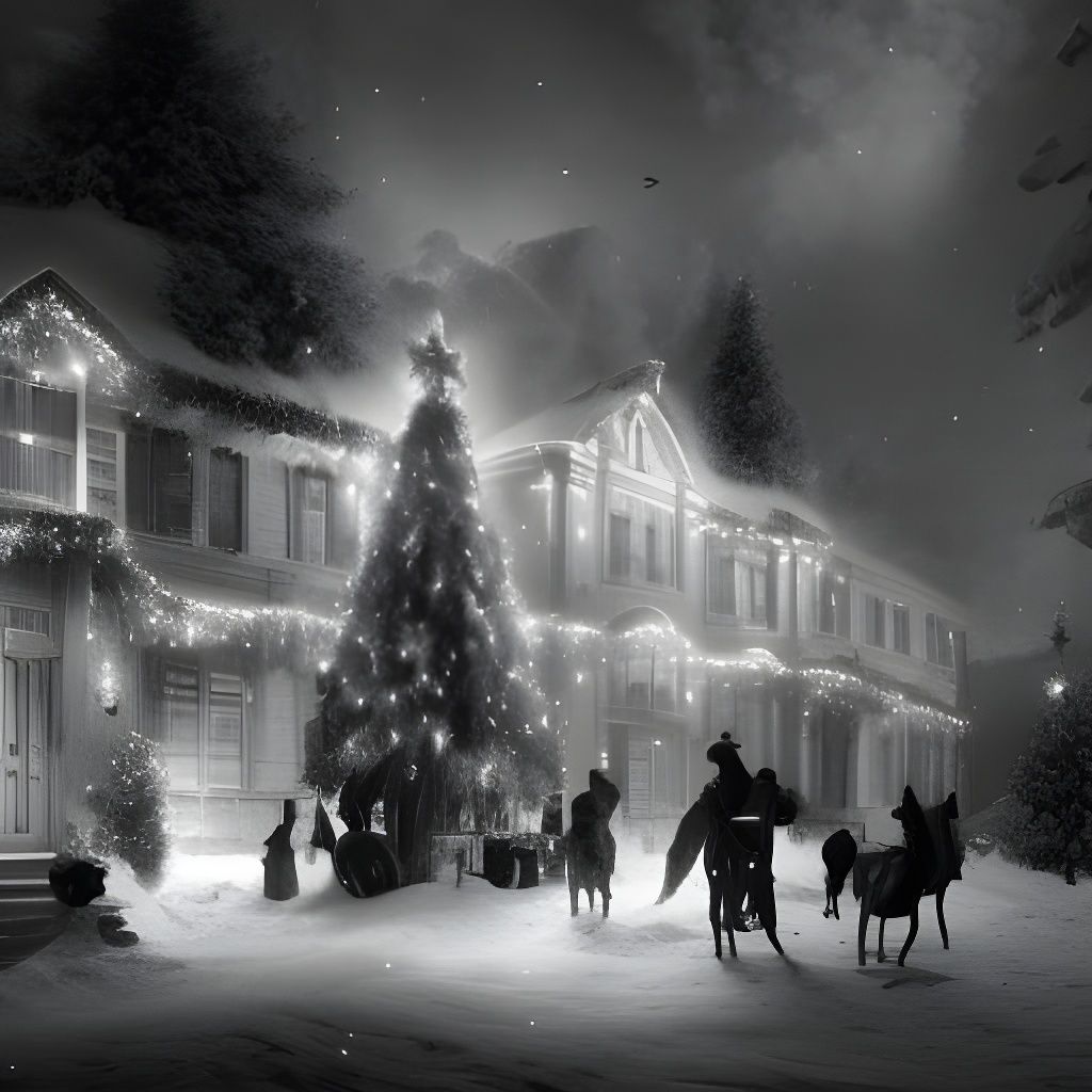 Black and white 1800s Christmas scene Joyful volumetric ligh...