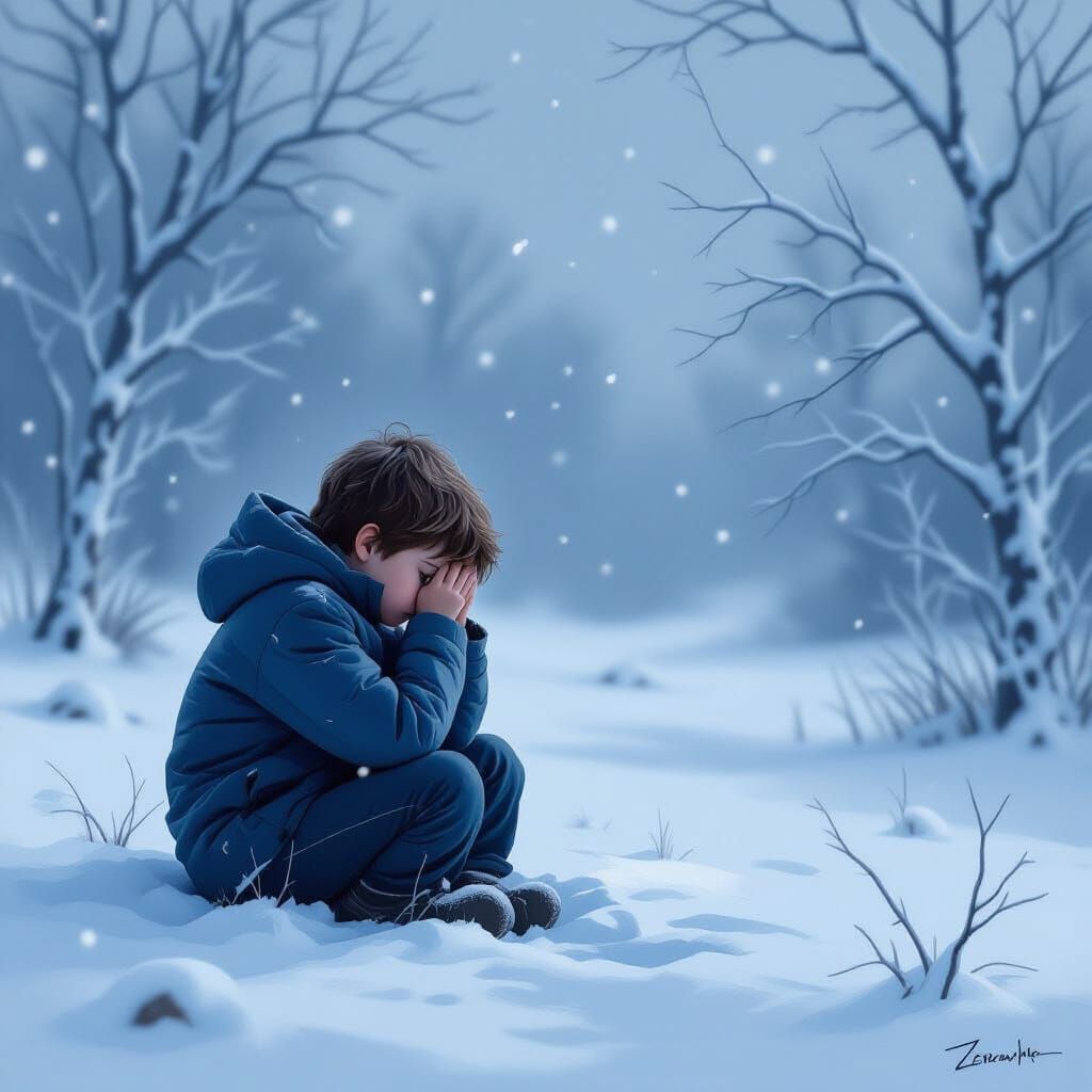 Melancholic Boy in Snowy Winter Landscape