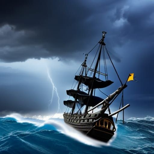 Pirate ship in the stormy sea (blue). With black clouds, lig...