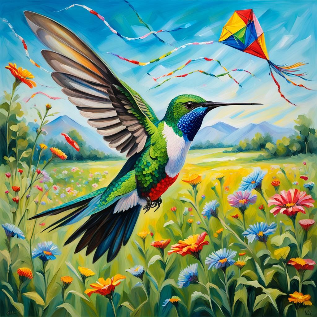 hummingbird flies with a kite... - AI Generated Artwork - NightCafe Creator