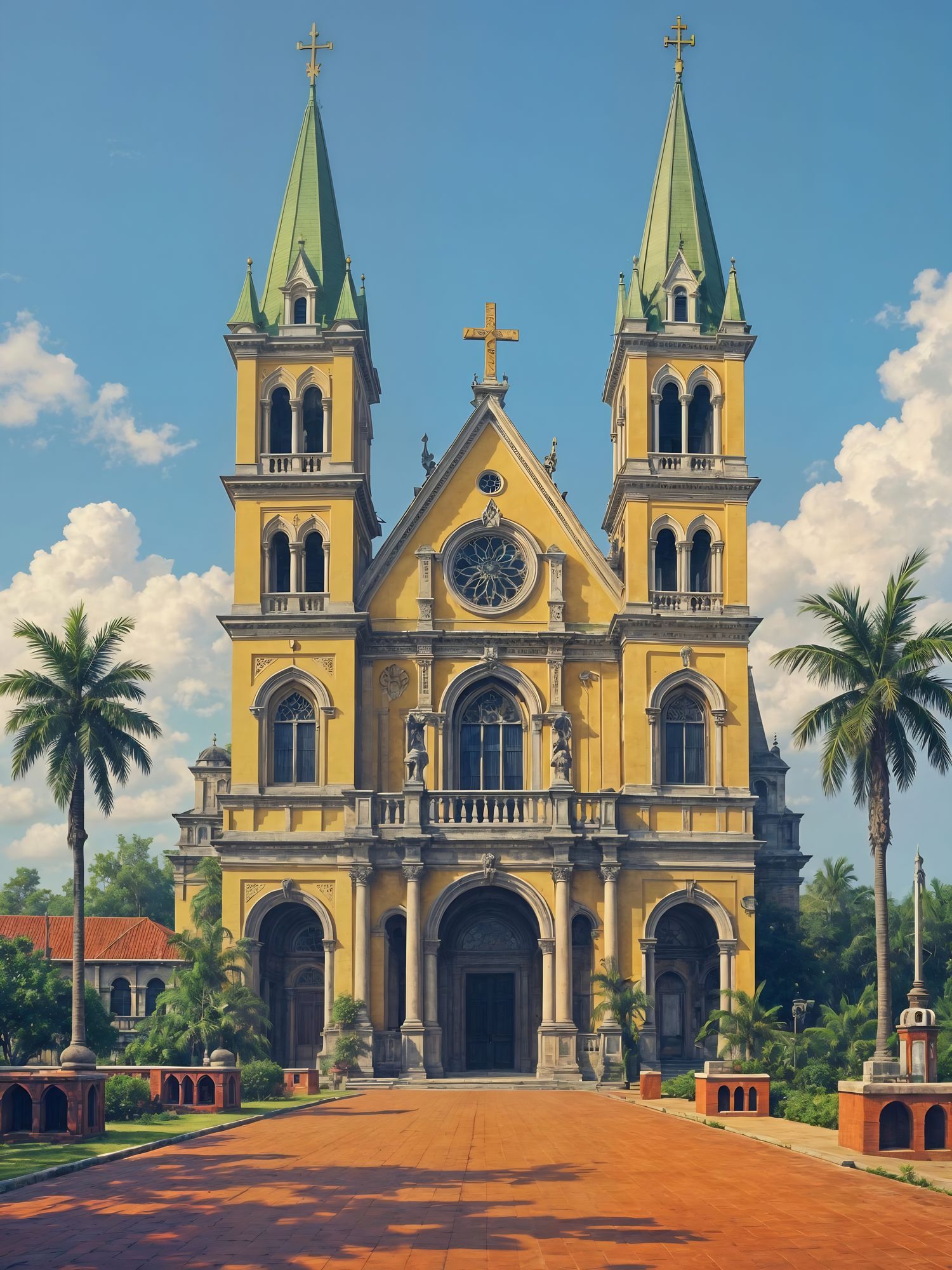 Imagine a breathtaking digital artwork of an aesthetic urban Surinamese Cathedral of Saint Peter and Paulus by displaying its architectural uniqueness
