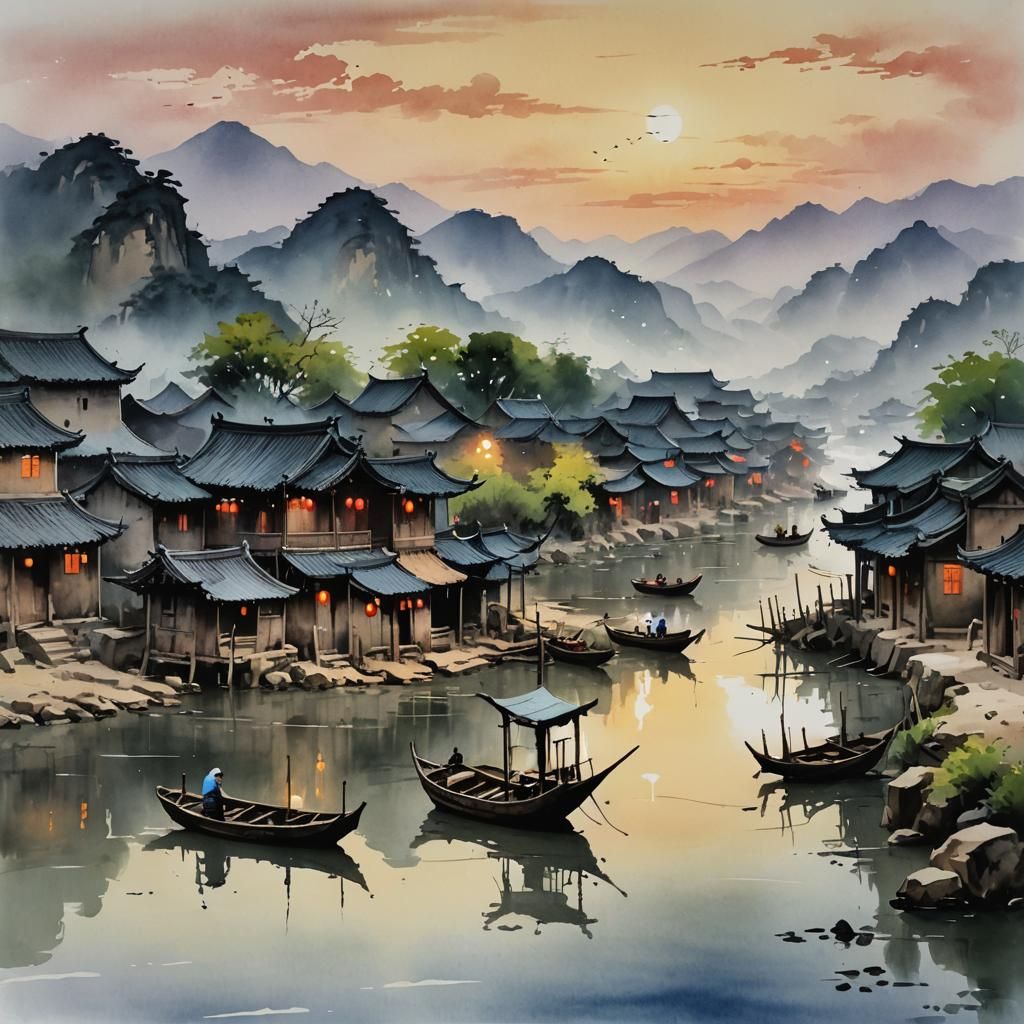 Chinese village on a river  by @Easter Bunny