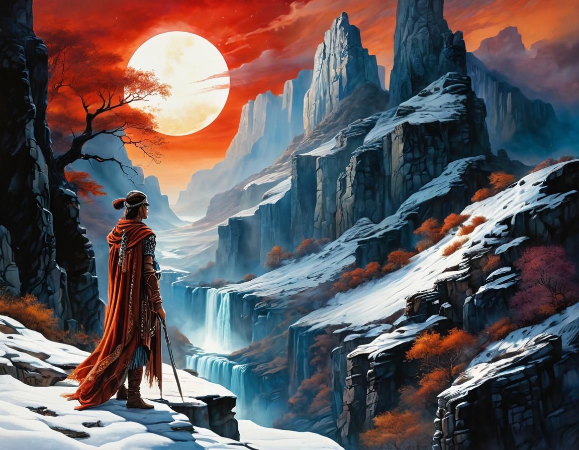 Beautiful nightly canyon, river runs through, an ancient sol...