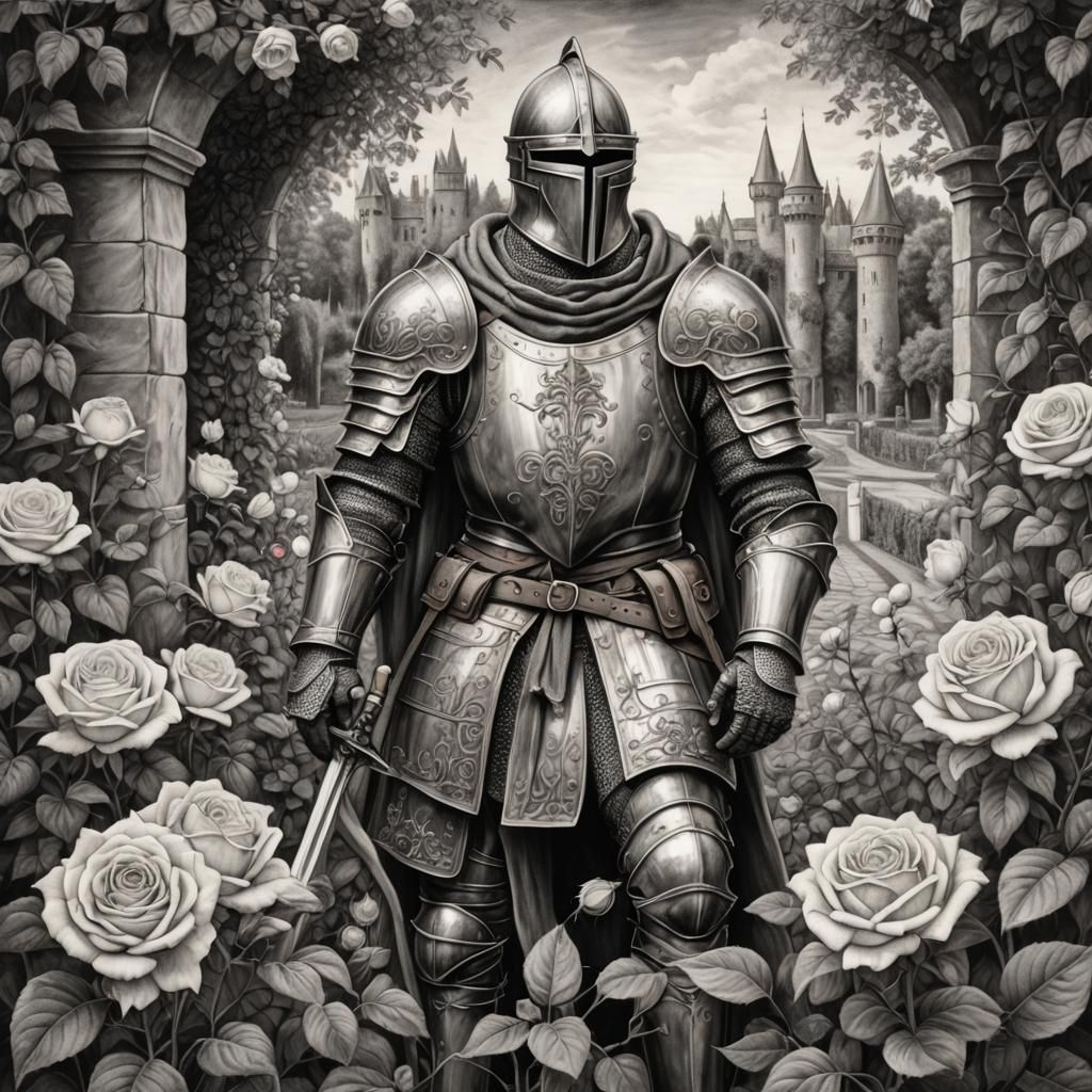 Medieval knight in a Rose garden
