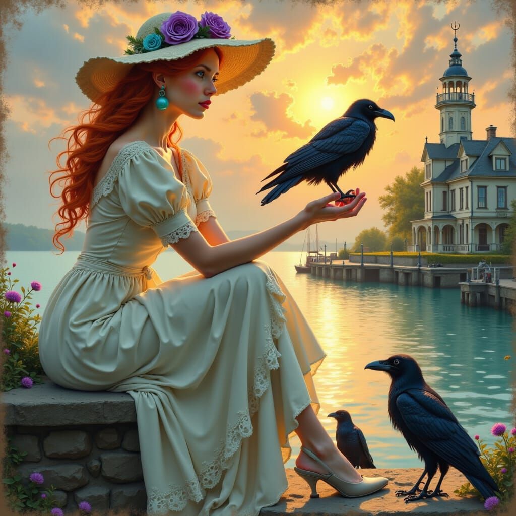 <lora:Juggernaut Art  Flux:1.0>  "Acrylic and chalk highly detailed digital
painting of a red-haired woman in a flowing
vintage dress with l...