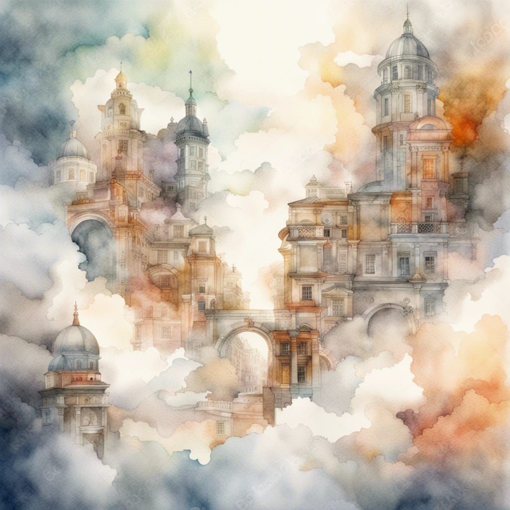 watercolor city in fog  by @soraya