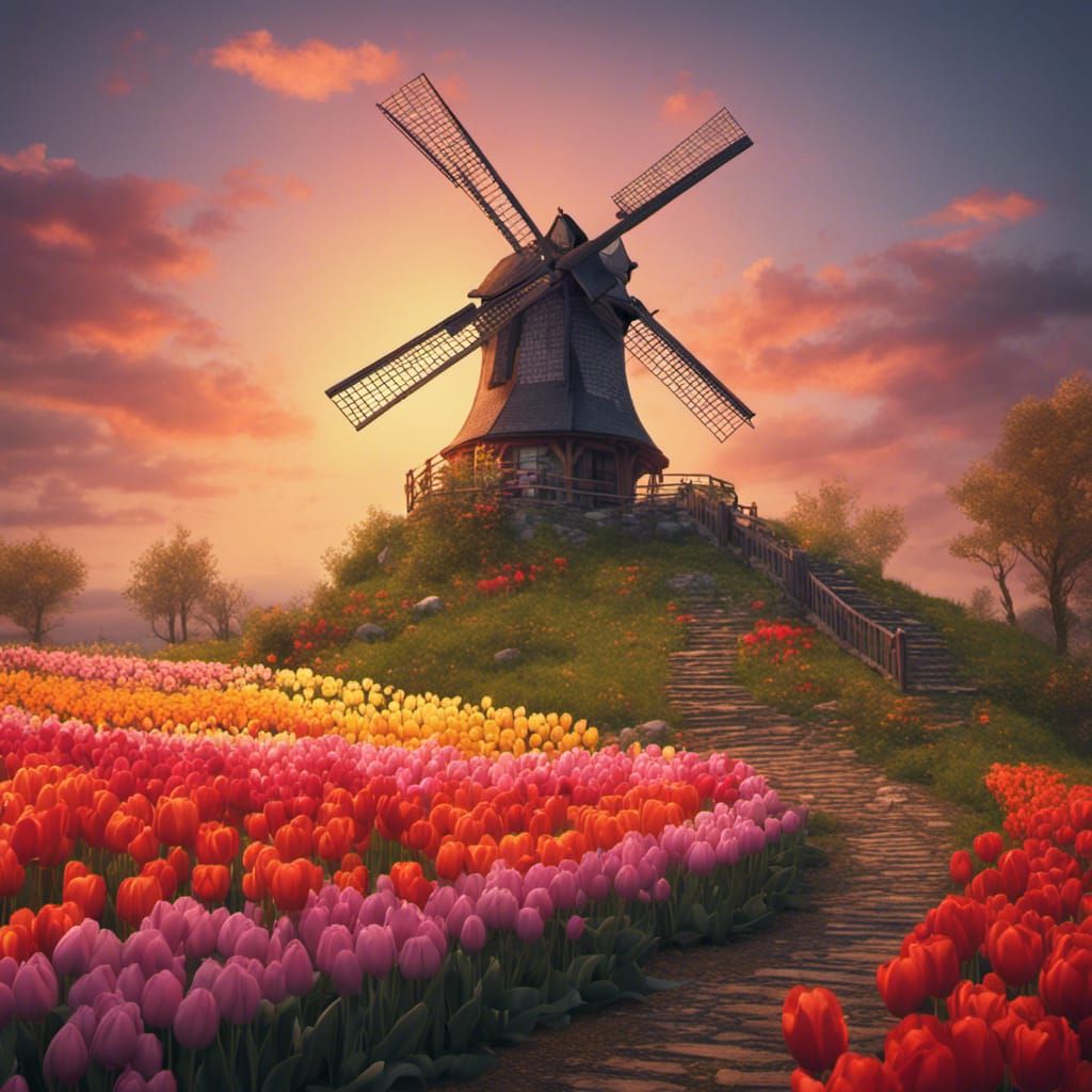 A windmill at sunset on a hill surrounded by colorful tulips false