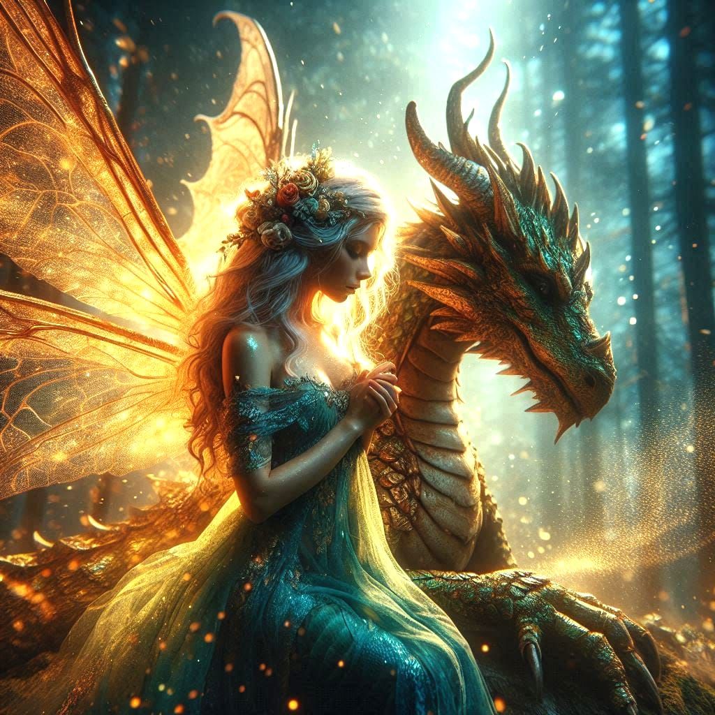 A beautiful fairy using magic to heal a dragon