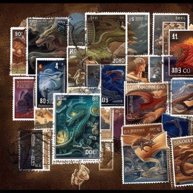Several Postage Stamps with a dragon as a motif on the table  by @Jacob Design
