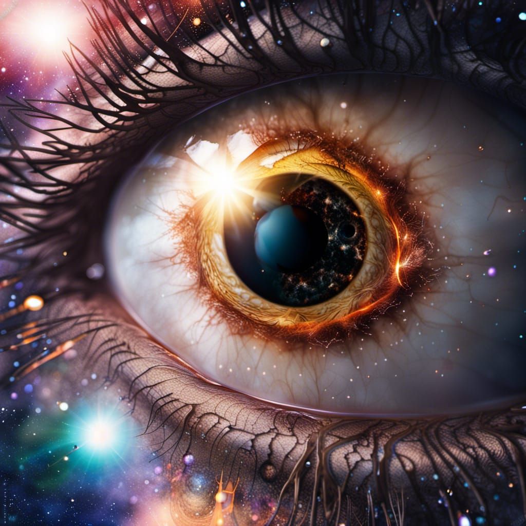 an eye with spiral galaxy iris inside, small black hole pupi...
