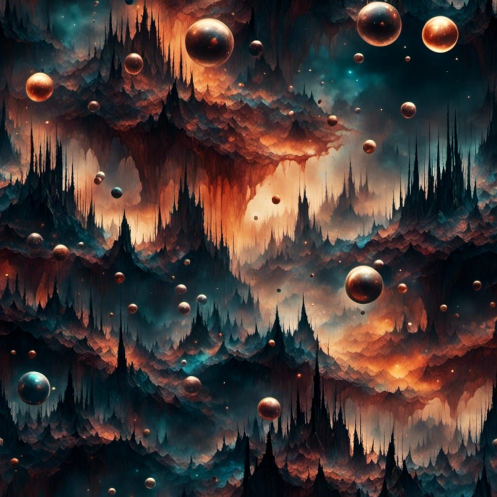 Dreamlike Landscape with Crystal Orbs in Digital Art