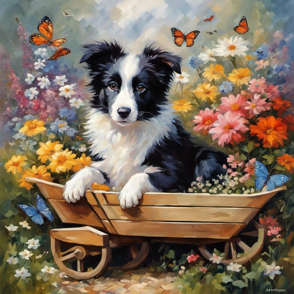 Cute Border Collie puppy in a wooden wheelbarrow (sort of) with flowers ...