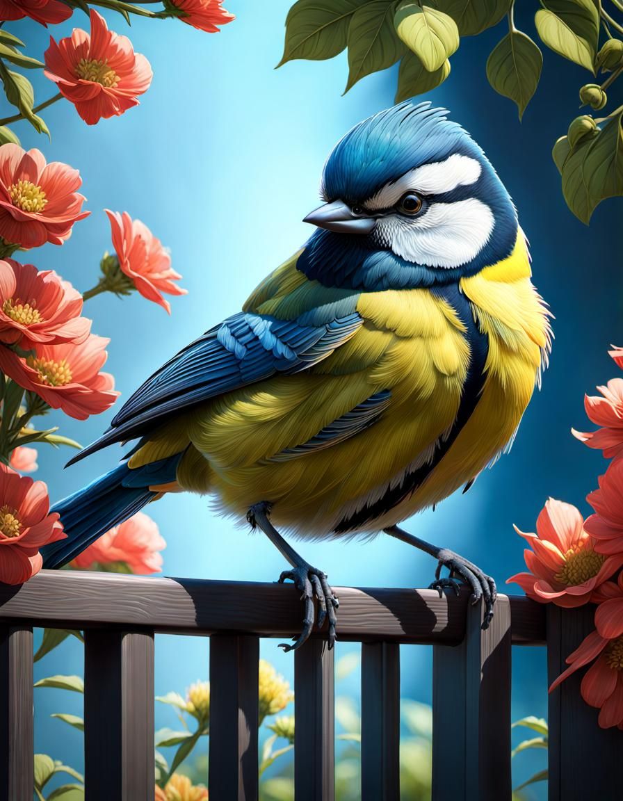 Bluetit close up perched on a garden bench  by @Dave