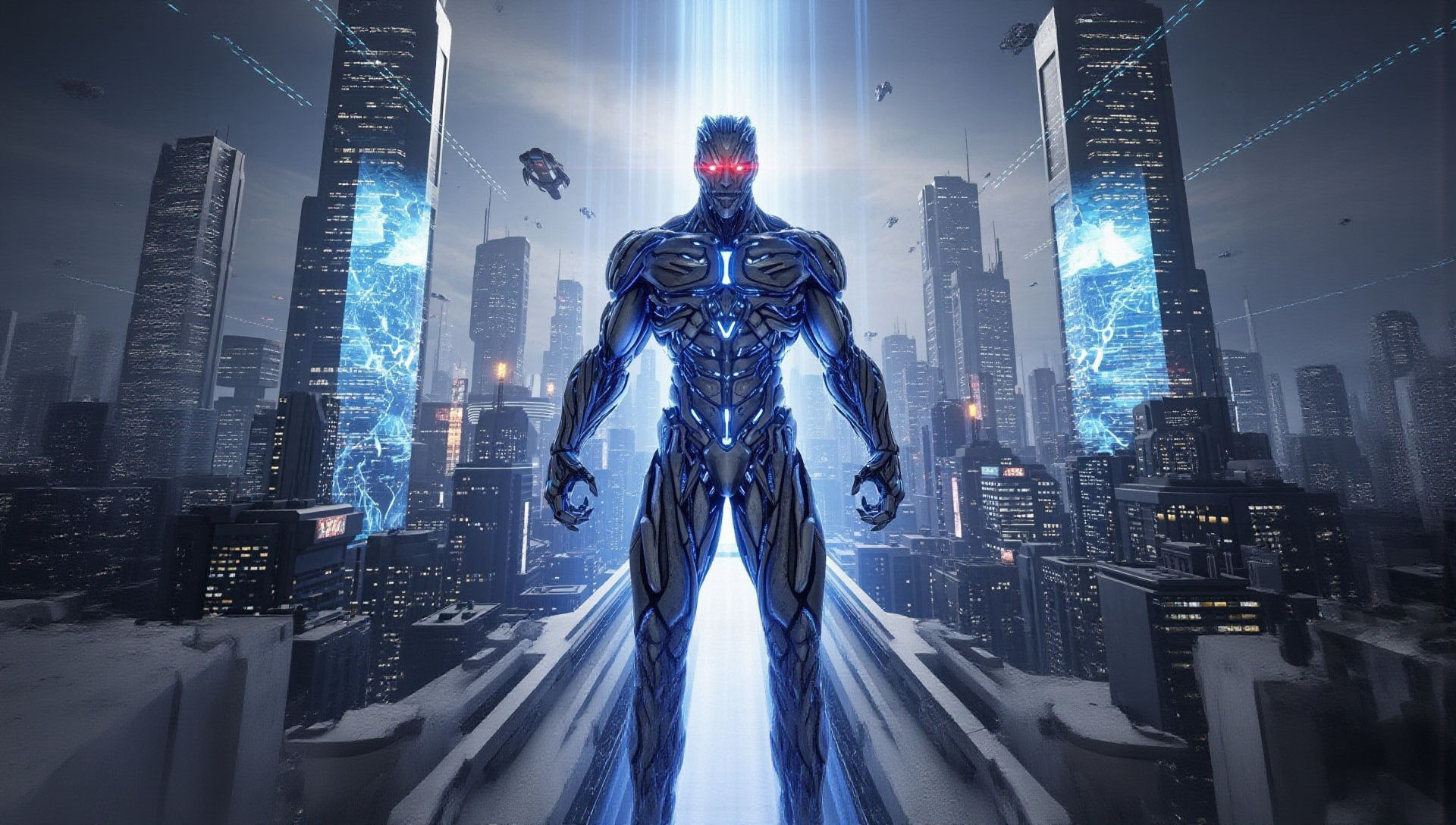 a Godlike robotic artificially intelligent Entity Of Raw Power, Humanoid Body And Face, with a glowing aura of power and eyes that glow mena...