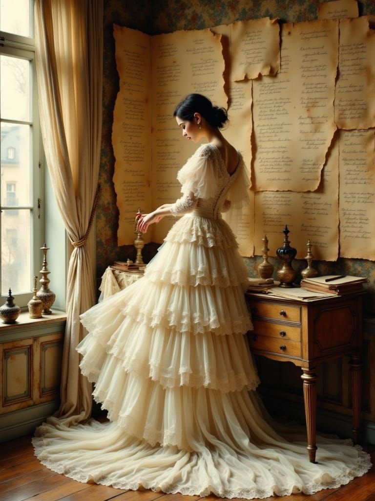 Woman Rises from Parchment in Pre-Raphaelite Style