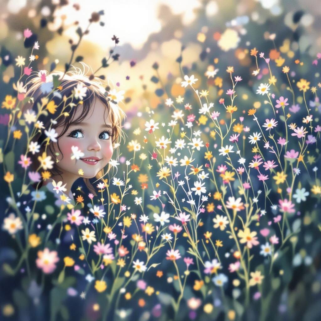 Joyful Girl in Sunny Meadow Watercolor