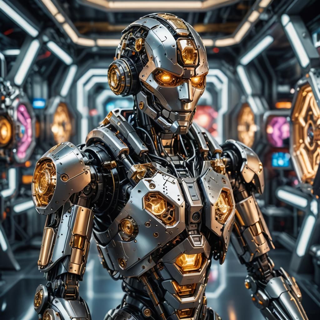 An ultra-futuristic Android, made out of intricated metal-hexagons, slim and stylish design, cyber-laboratory context, rich lights, 8k, cine...