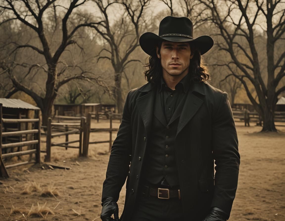 A strong muscular young man in his 27s with long wavy black ...