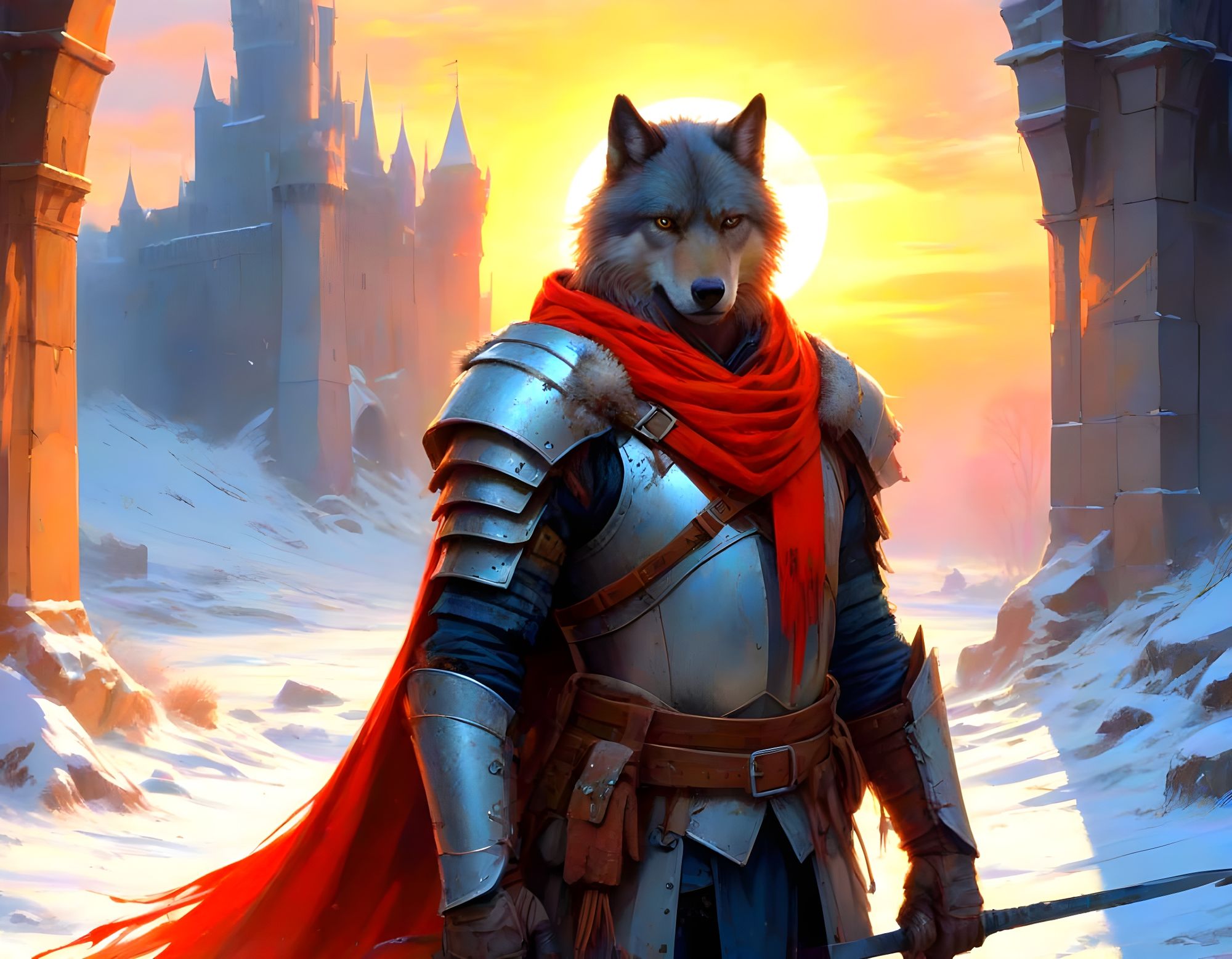 Young warrior. Danger. Knight's armor and plate. Gorgeous fur on the shoulders. The enemy is attacking. Blood-red sunrise. Very bright, rich...