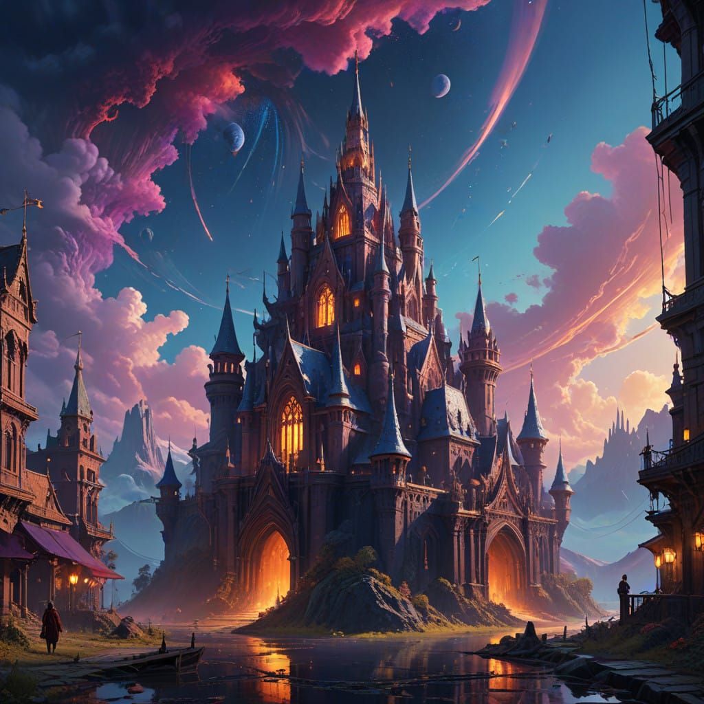 Dreamlike Ancient Metropolis Cityscape in Vibrant, Ethereal...