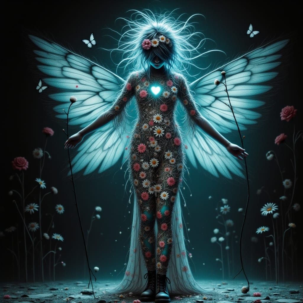 <lora:Pastel Patches:1.0>  Punk Faith,Create a black and white photogram-style  with geometric winged mode ,torn  paper collage inspired by ...